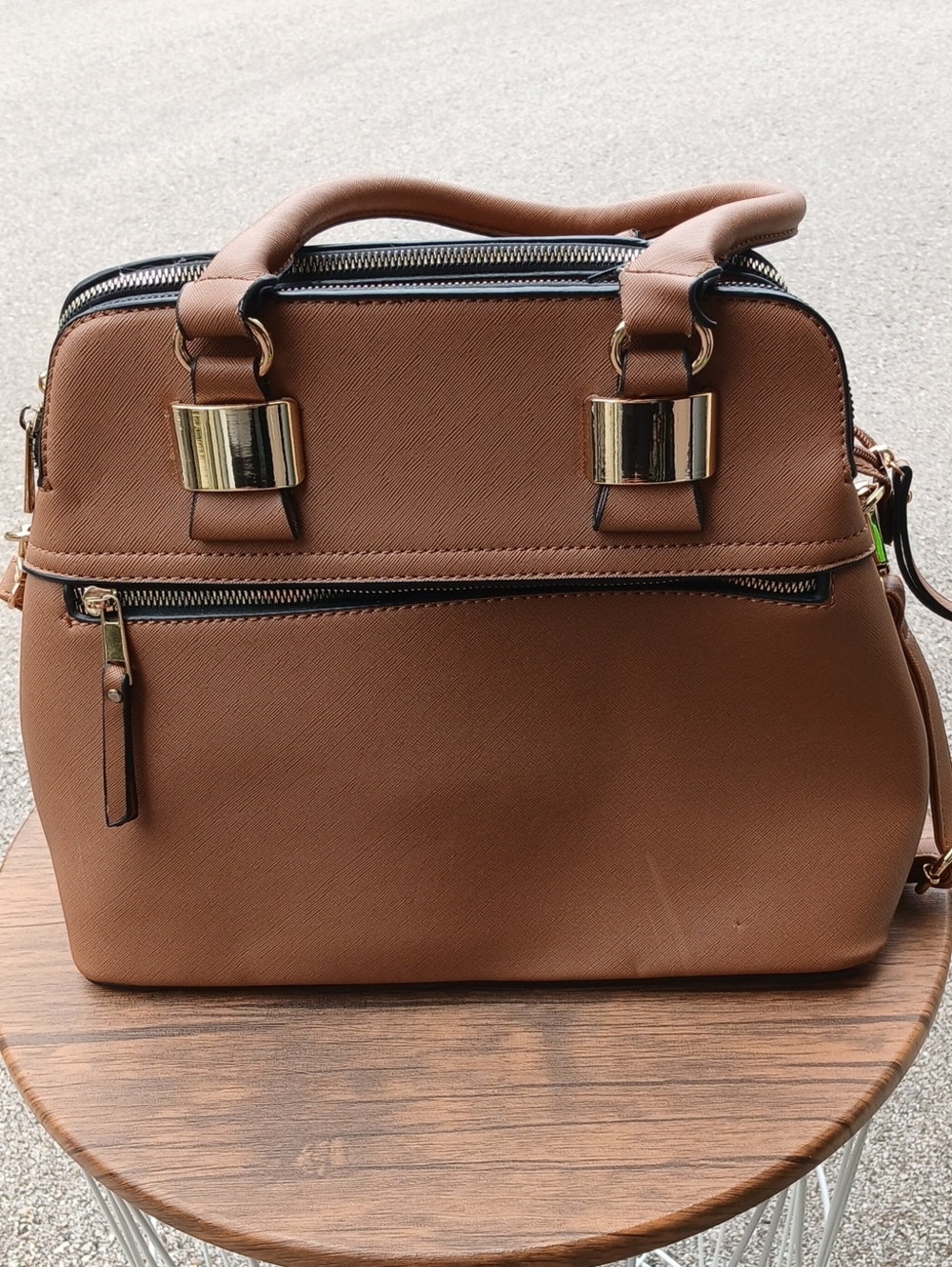 Structured Brown Women's Satchel with Gold-Tone Accents